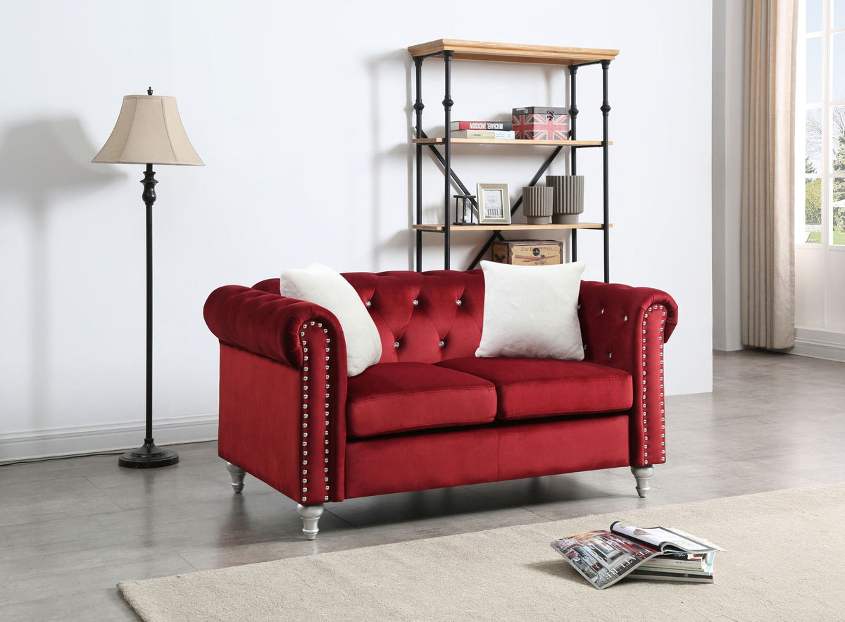 Contemporary loveseat in red velvet with jeweled tufting by HouseOfZazla on Tampa Home & Garden Store