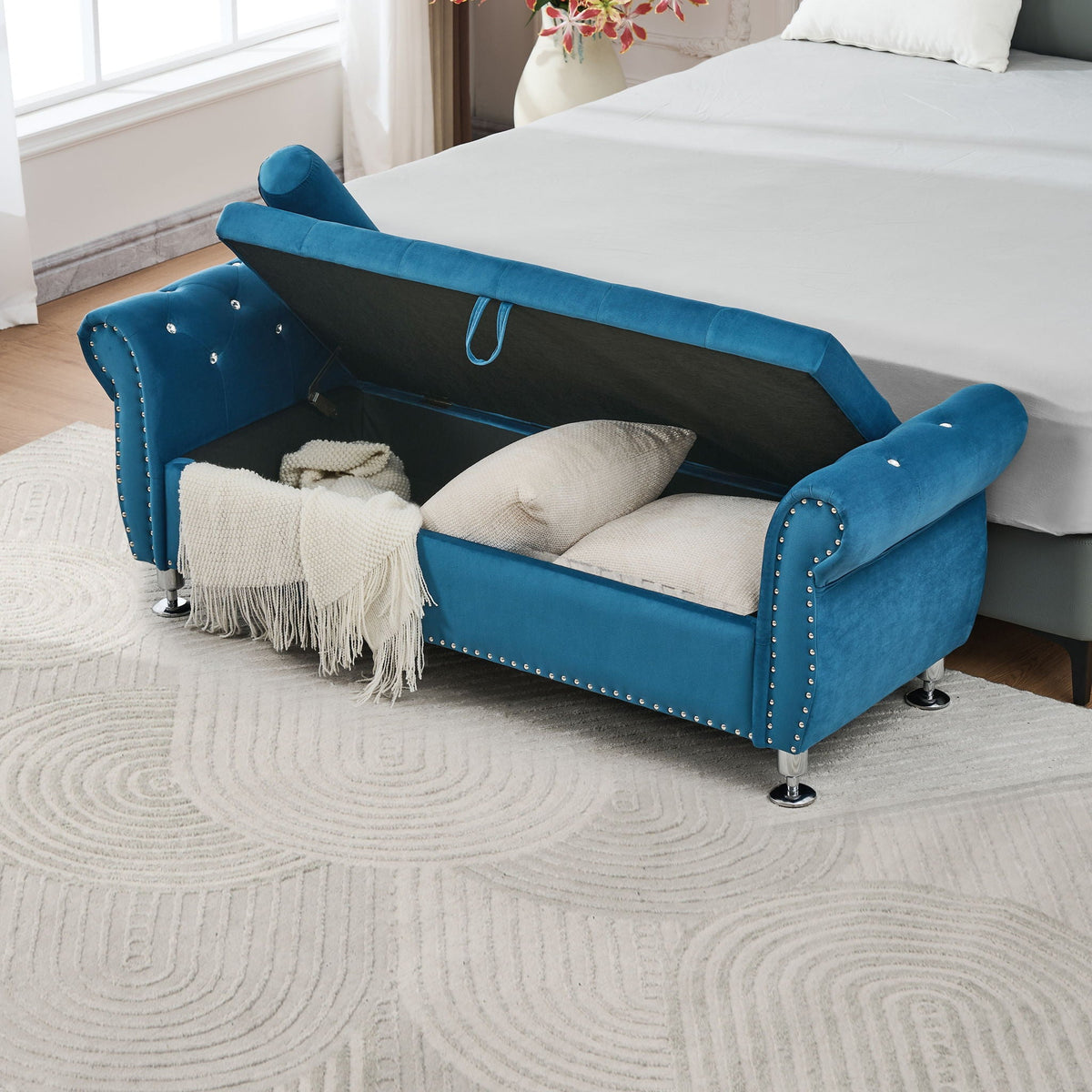 Blue velvet storage bench with crystal button accents for the bedroom, 1 pillow included on Tampa Home & Garden Store