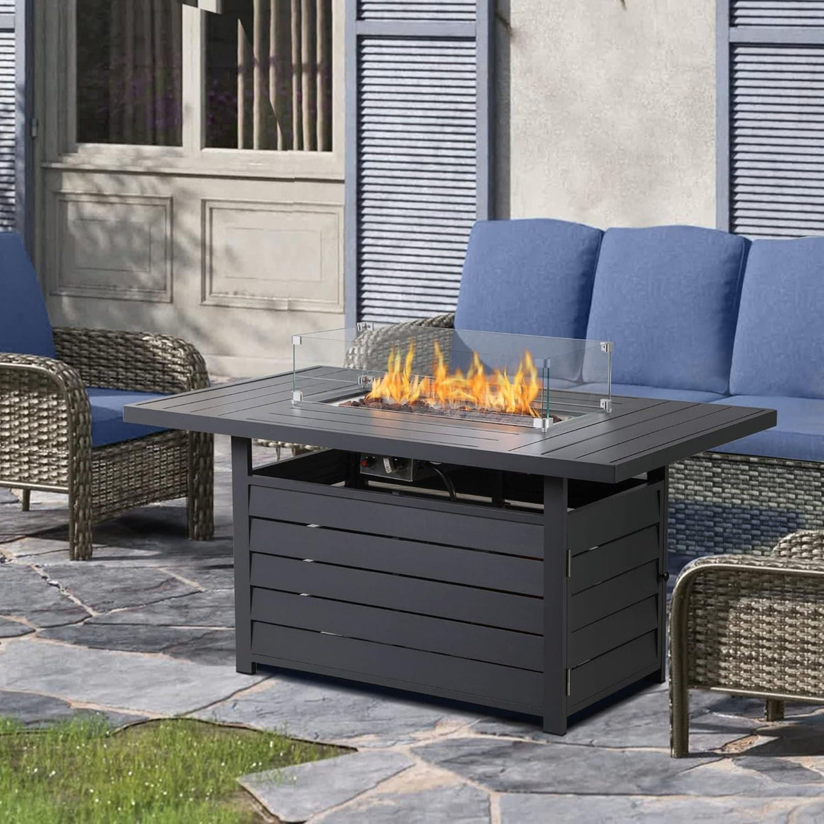 HouseOfZazla rectangular propane fire pit table with stainless burner black glass wind guard on Tampa Home & Garden Store