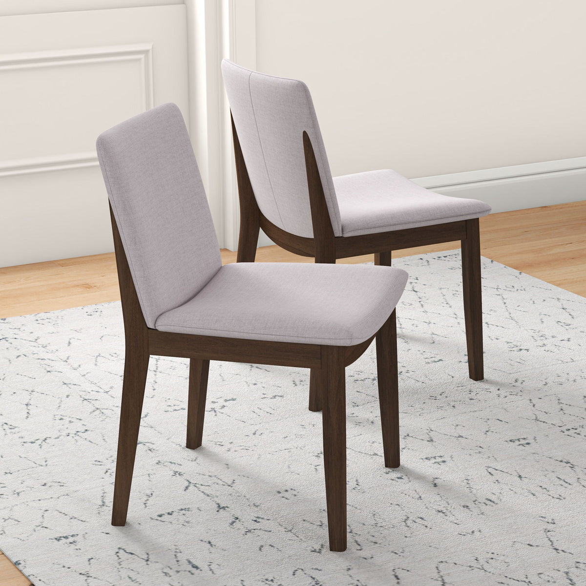 Mid-Century Modern solid wood dining chair set in gray fabric upholstery with dark wood legs pair on Tampa Home & Garden Store