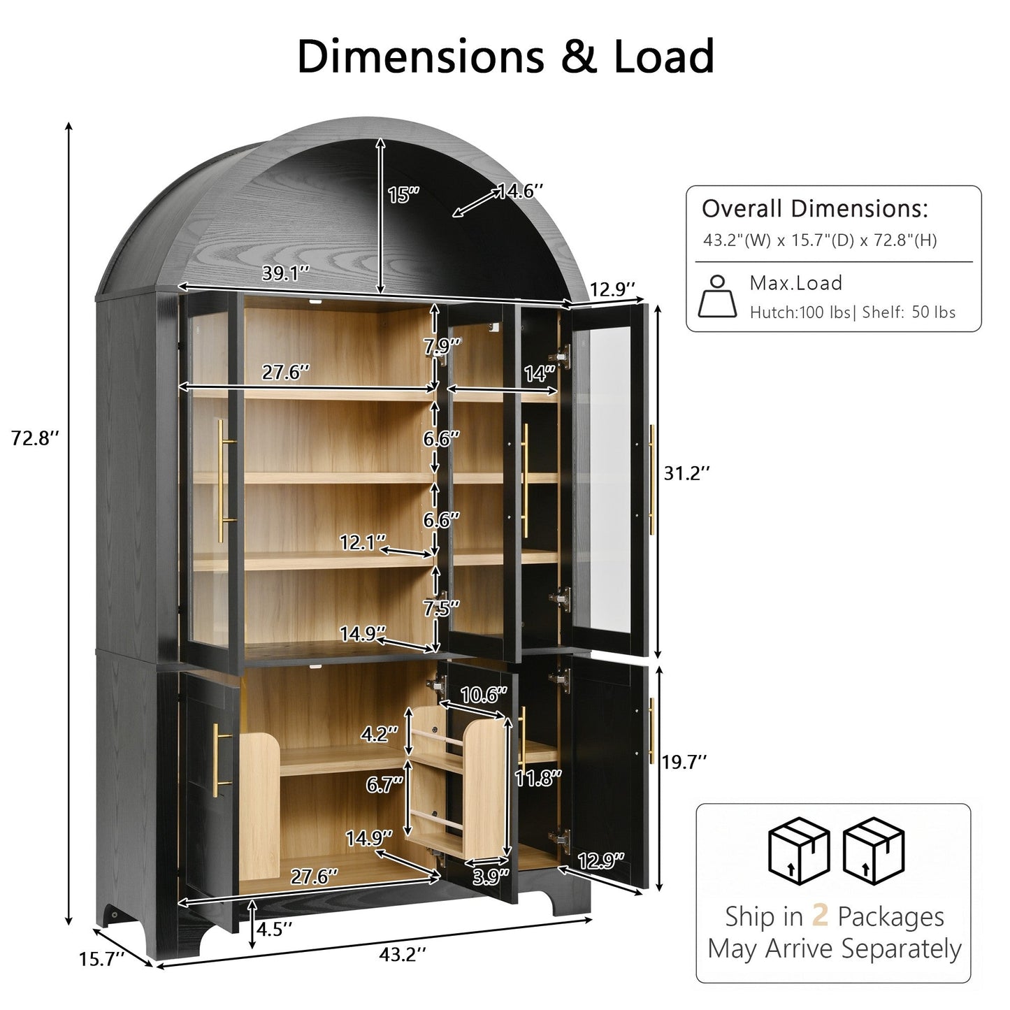 K&K 73-inch Tall Arched Kitchen Pantry by HouseOfZazla; black arched cabinet with glass doors on Tampa Home & Garden Store