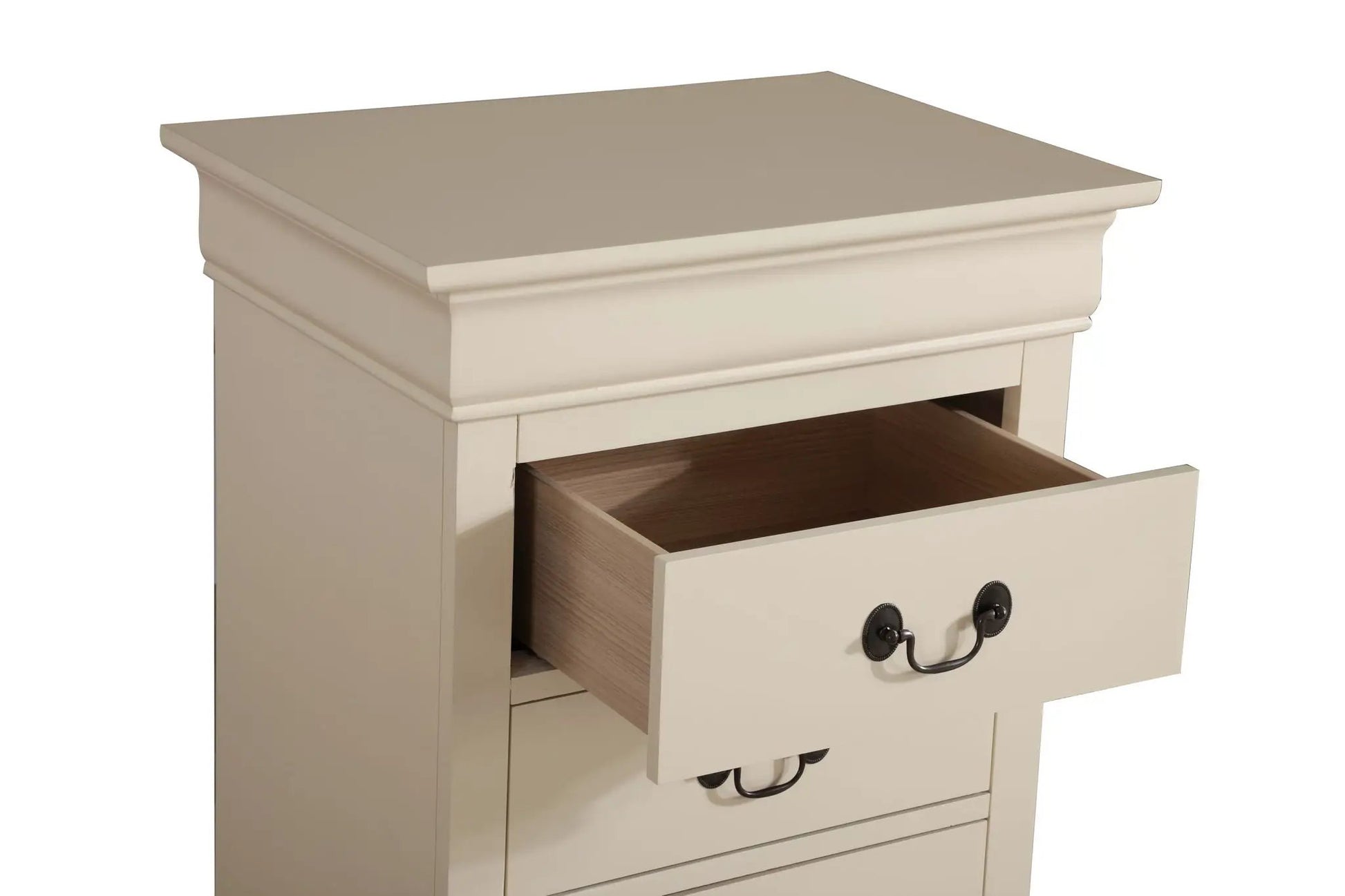 Traditional style lingerie chest in cream with edges and metal ring handles, drawer open on Tampa Home & Garden Store