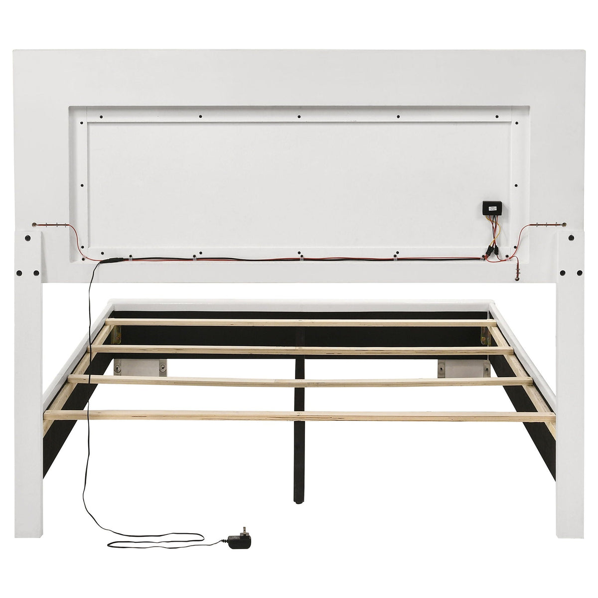 Felicity LED Panel Bed by HouseOfZazla, white upholstered bed with built-in lighting back view on Tampa Home & Garden Store