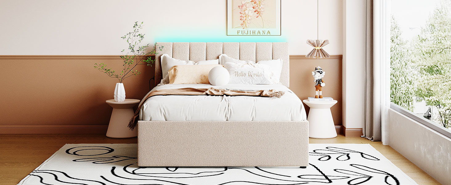 Upholstered platform bed with trundle in beige fabric, tufted headboard, HouseOfZazla on Tampa Home & Garden Store