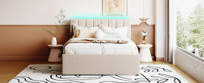 Upholstered platform bed with trundle in beige fabric, tufted headboard, HouseOfZazla on Tampa Home & Garden Store