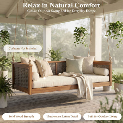 Outdoor Twin Swing Bed With Acacia and Rattan