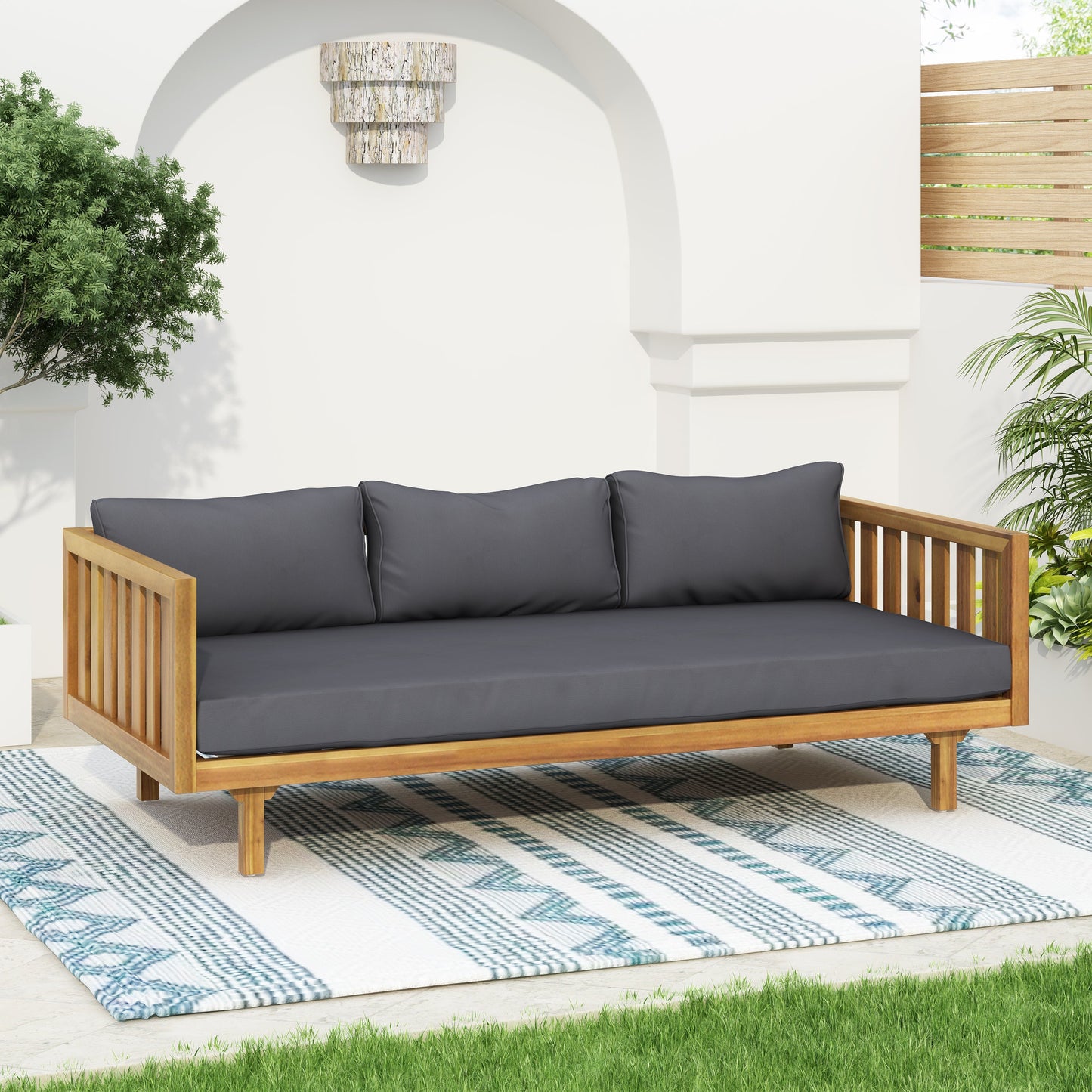 Claremont 3 Seater Daybed outdoor with dark gray cushions and wooden frame on Tampa Home & Garden Store
