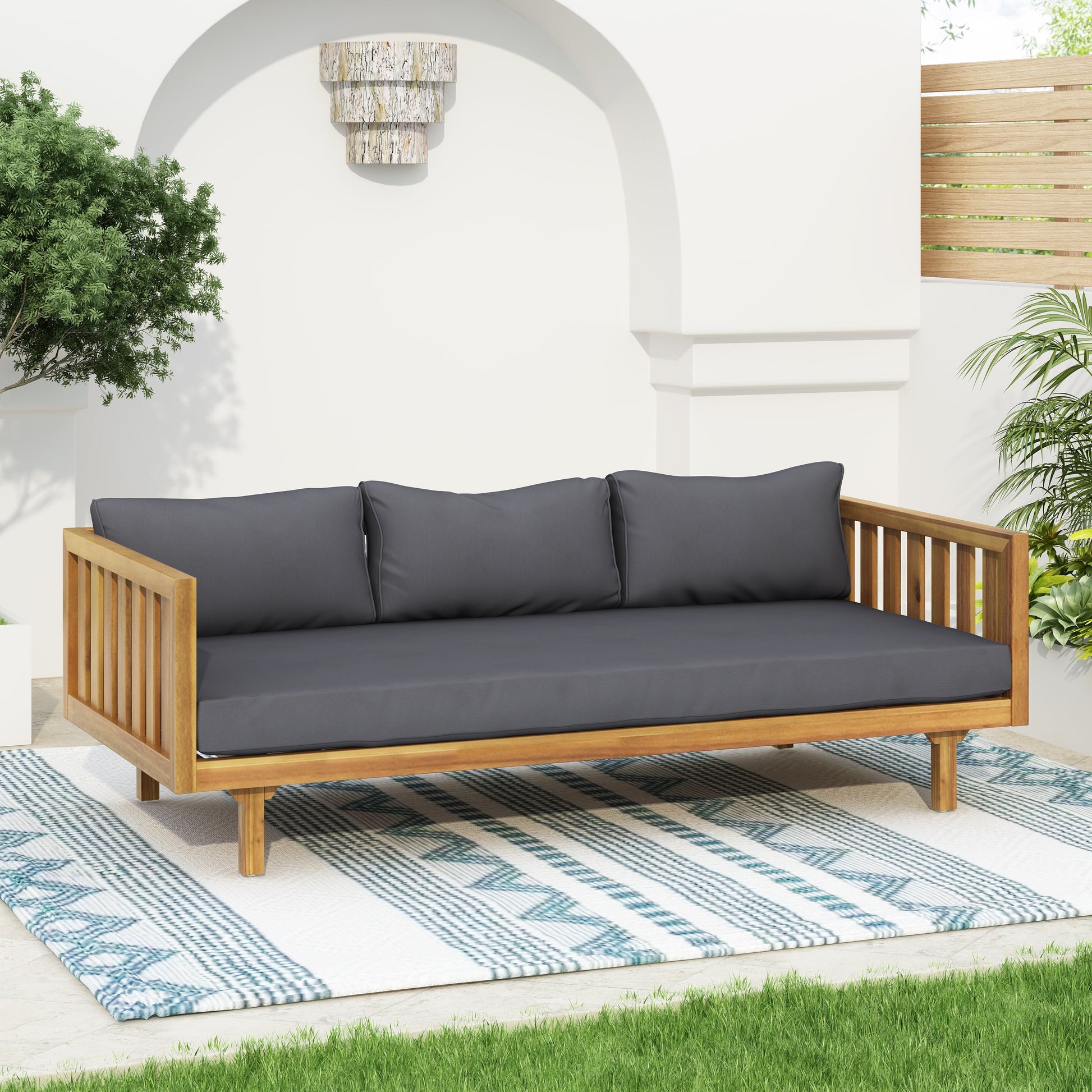 Claremont 3 Seater Daybed outdoor with dark gray cushions and wooden frame on Tampa Home & Garden Store