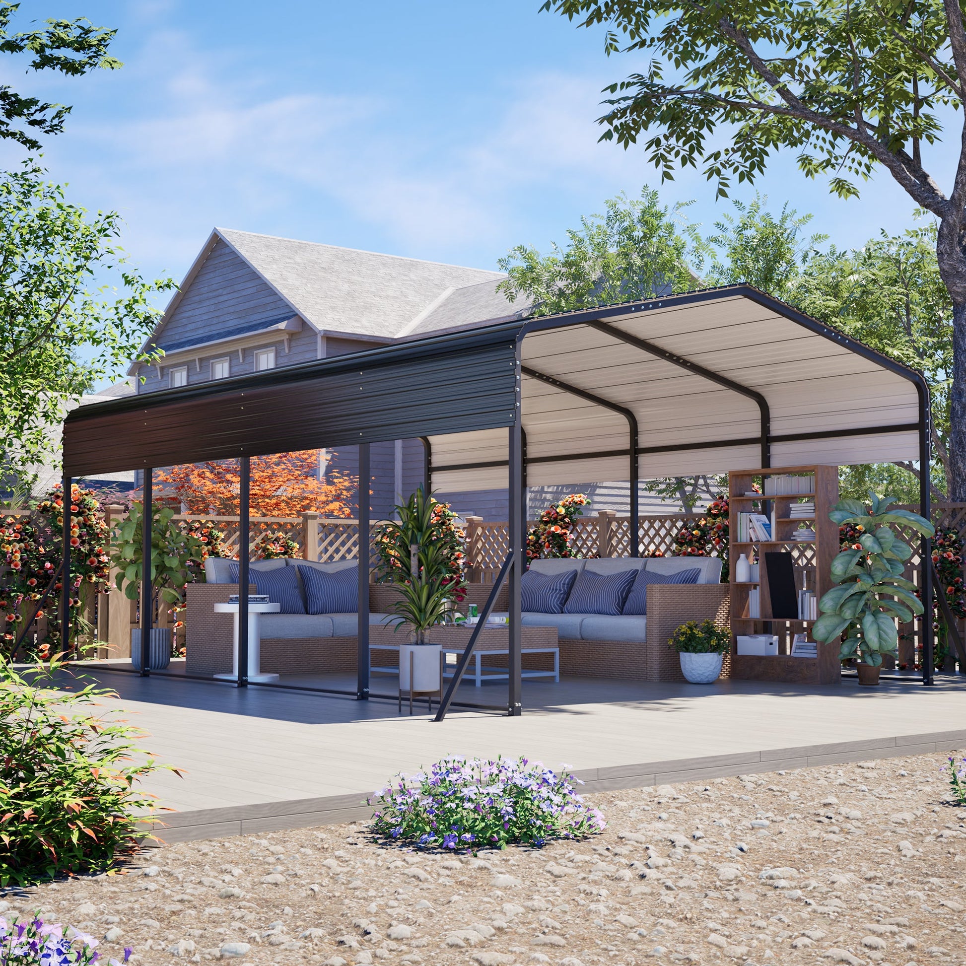 13x20 ft metal carport with upgraded frame over a modern outdoor seating area on Tampa Home & Garden Store