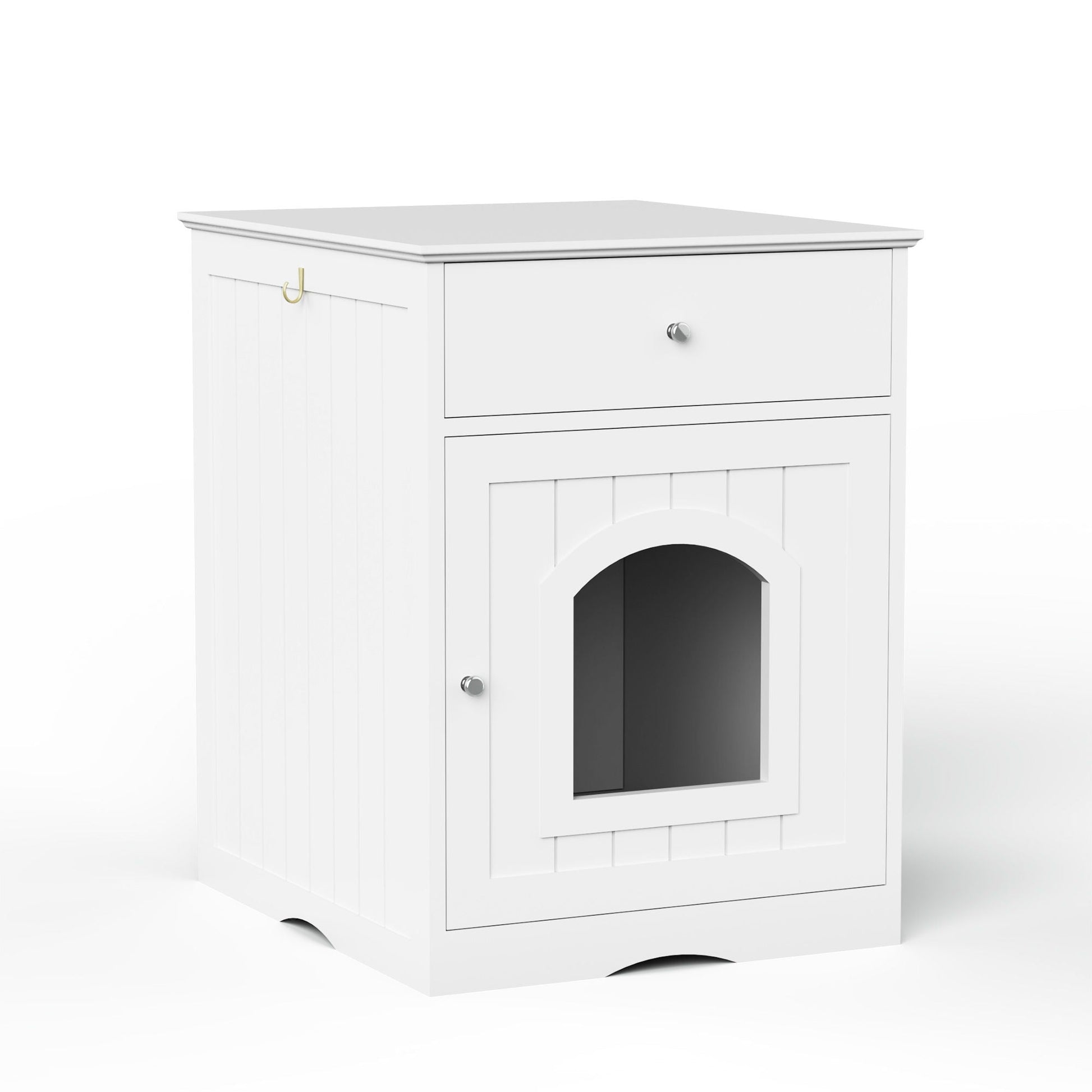 Pet House Cat Litter Box Enclosure With Drawer, white beadboard cabinet with top drawer on Tampa Home & Garden Store