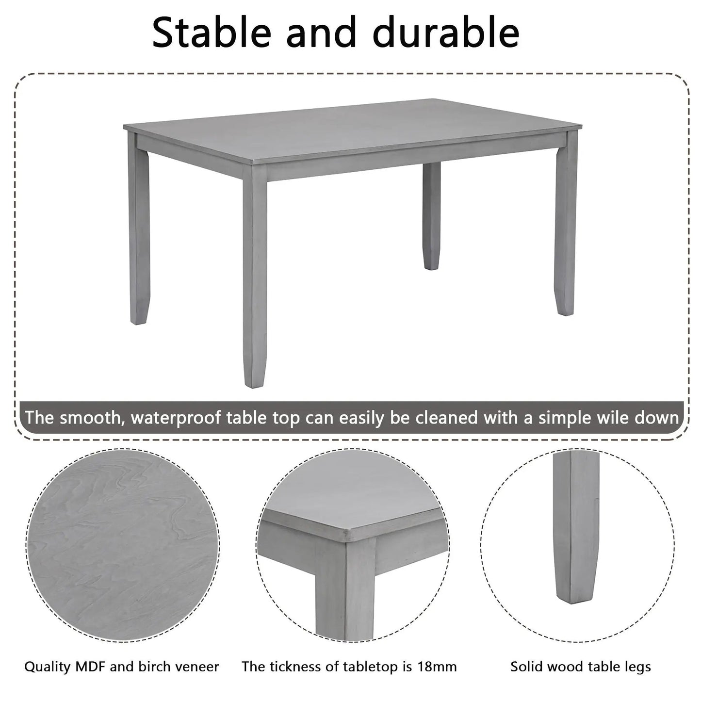 Rectangular gray dining table with solid wood legs; 18mm MDF birch veneer top on Tampa Home & Garden Store