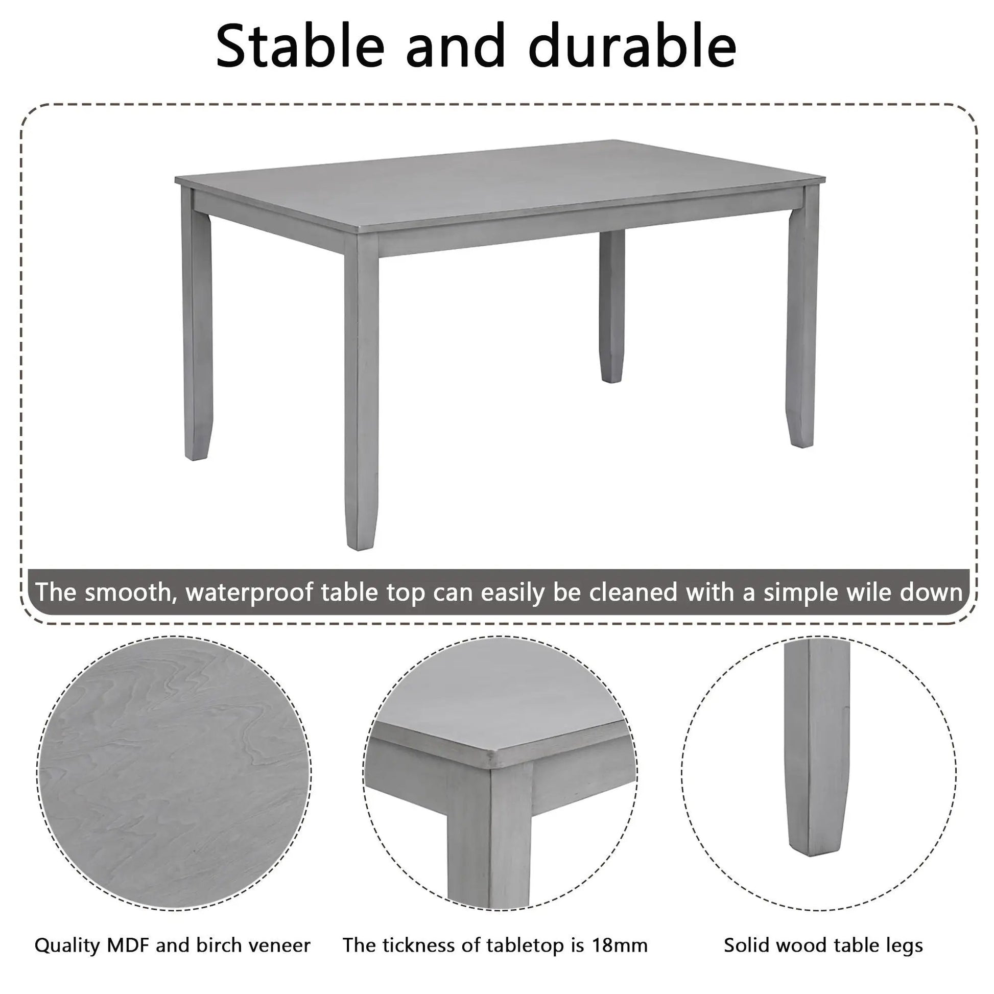 Rectangular gray dining table with solid wood legs; 18mm MDF birch veneer top on Tampa Home & Garden Store