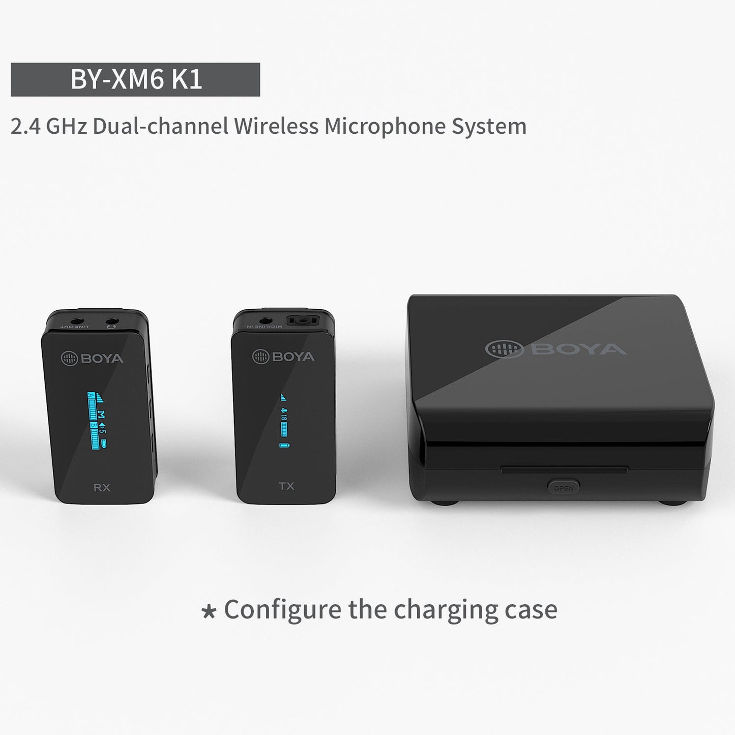 BOYA BY-XM6 K1 wireless microphone system with two TX/RX units and charging case on Tampa Home & Garden Store