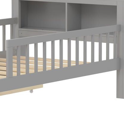 Bed with headboard storage rack, 2 under-bed drawers and 3 guardrails in gray HouseOfZazla on Tampa Home & Garden Store