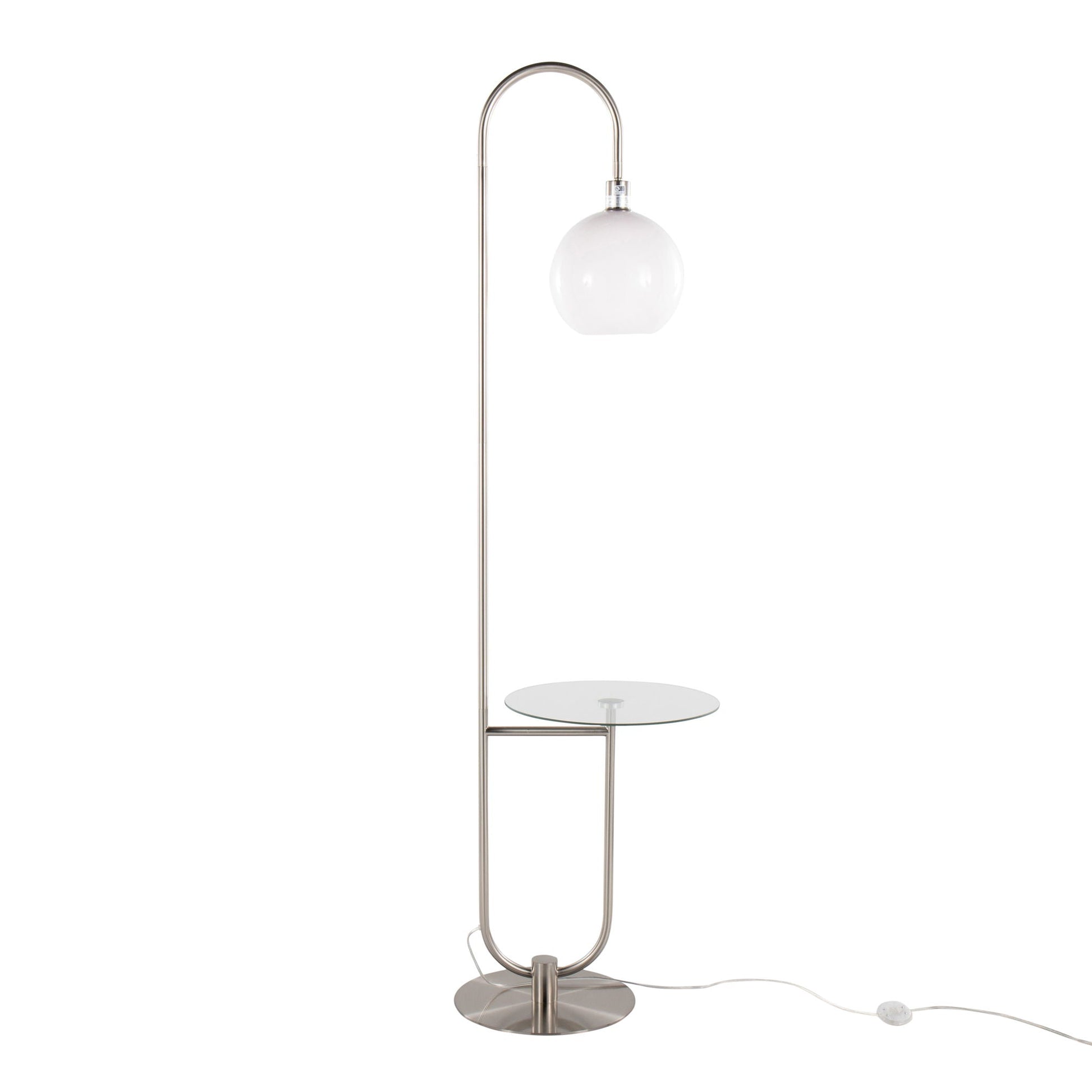Trombone floor lamp by HouseOfZazla, curved stem and white glass globe shade with glass shelf on Tampa Home & Garden Store