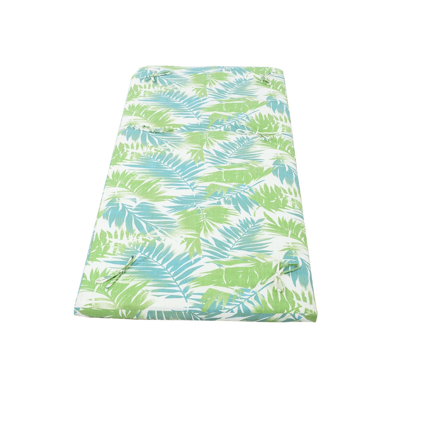 Outdoor lounge chaise cushion with green and blue tropical leaf print on white background on Tampa Home & Garden Store
