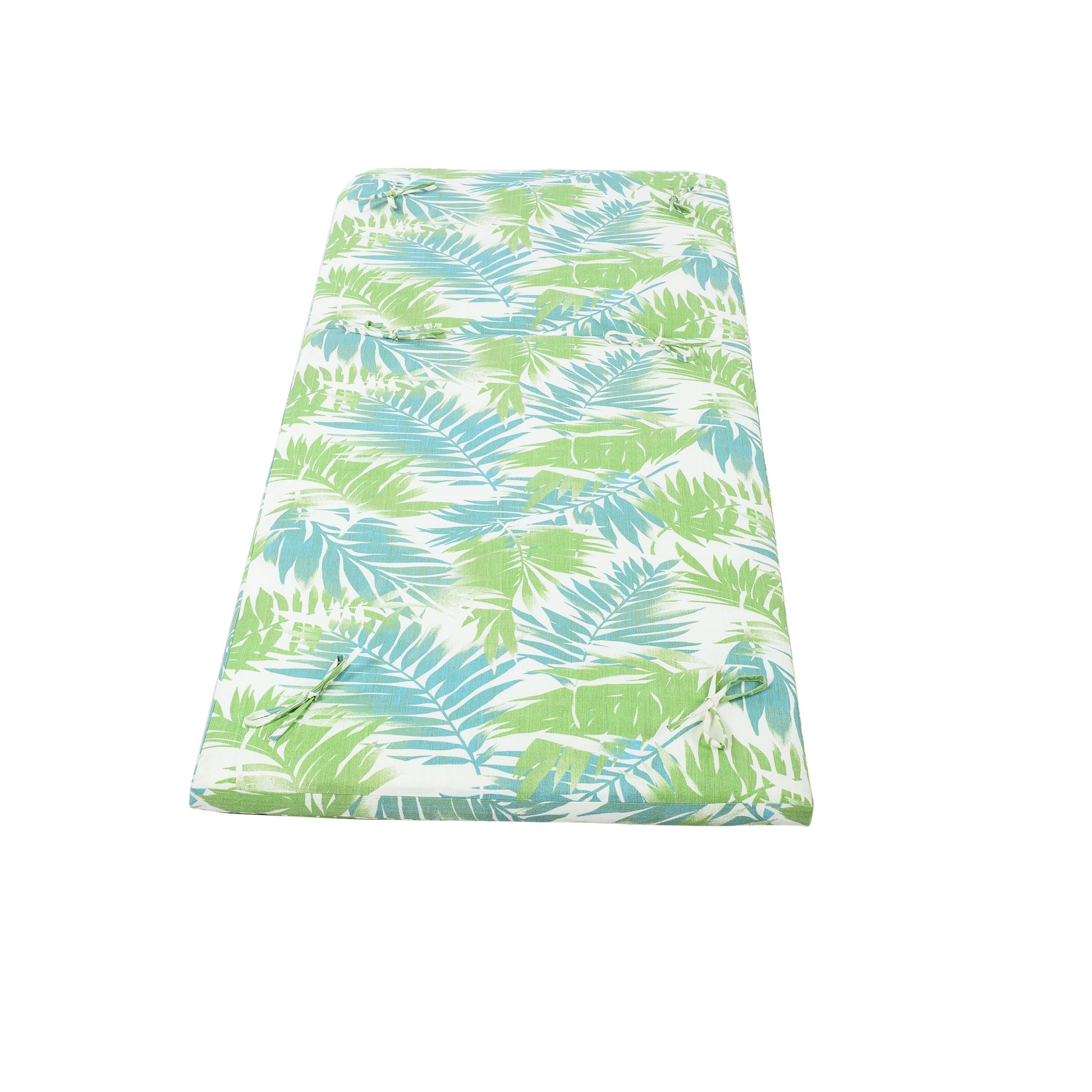 Outdoor lounge chaise cushion with green and blue tropical leaf print on white background on Tampa Home & Garden Store