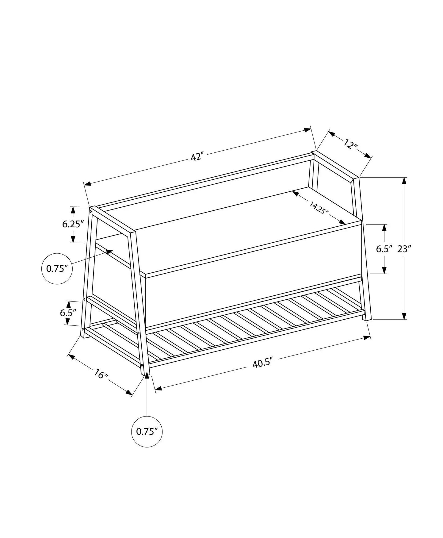 Rectangular storage bench blueprint with slatted lower shelf and 42 in by 40.5 in wide on Tampa Home & Garden Store