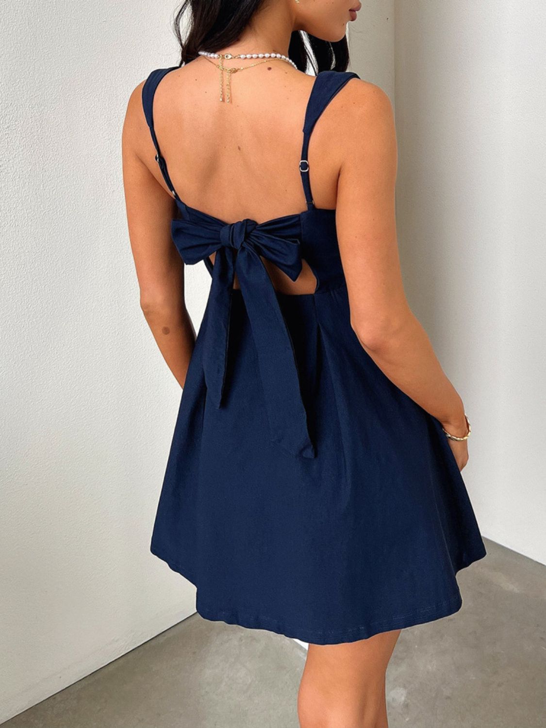 Stevvex navy blue bow-back mini dress with square neckline and adjustable straps for girls on Tampa Home & Garden Store