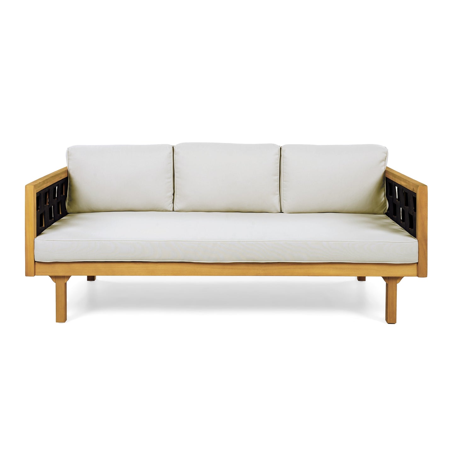 Three-Seater Outdoor Daybed with Acacia Wood Teak Finish Frame and white cushions HouseOfZazla on Tampa Home & Garden Store