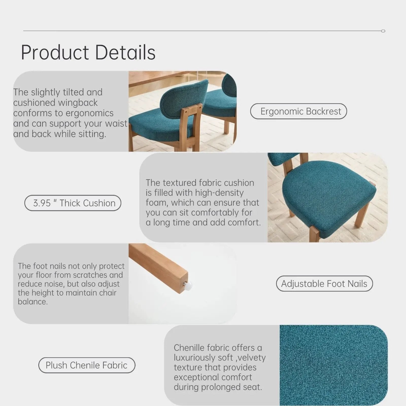 Dining chairs with ergonomic backrest and adjustable feet, teal chenille, set of 2 on Tampa Home & Garden Store