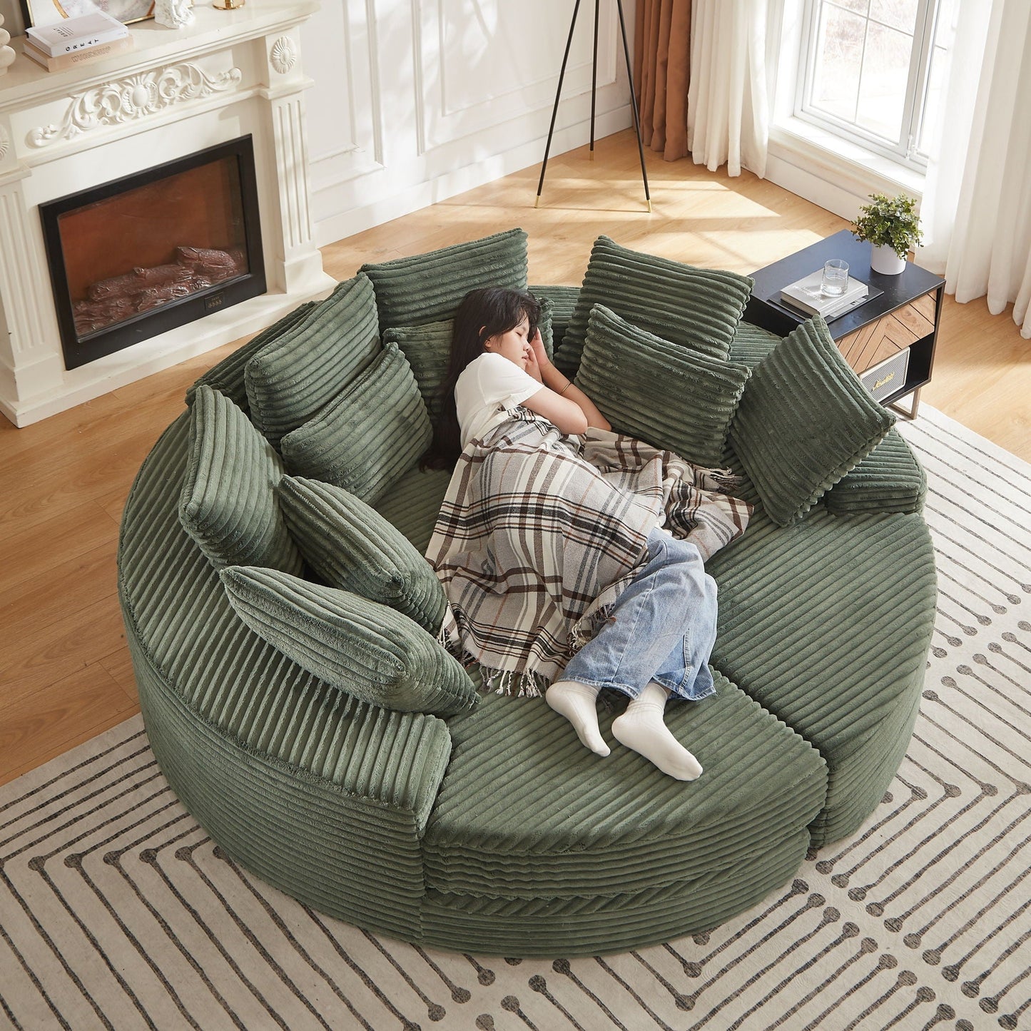 Round Oversized Sofa Bed with Throw Pillows