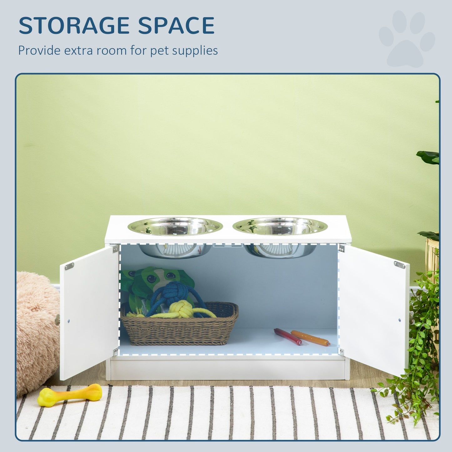 PawHut Large Elevated Dog Bowls with Storage Cabinet 2 bowls on white cabinet HouseOfZazla on Tampa Home & Garden Store