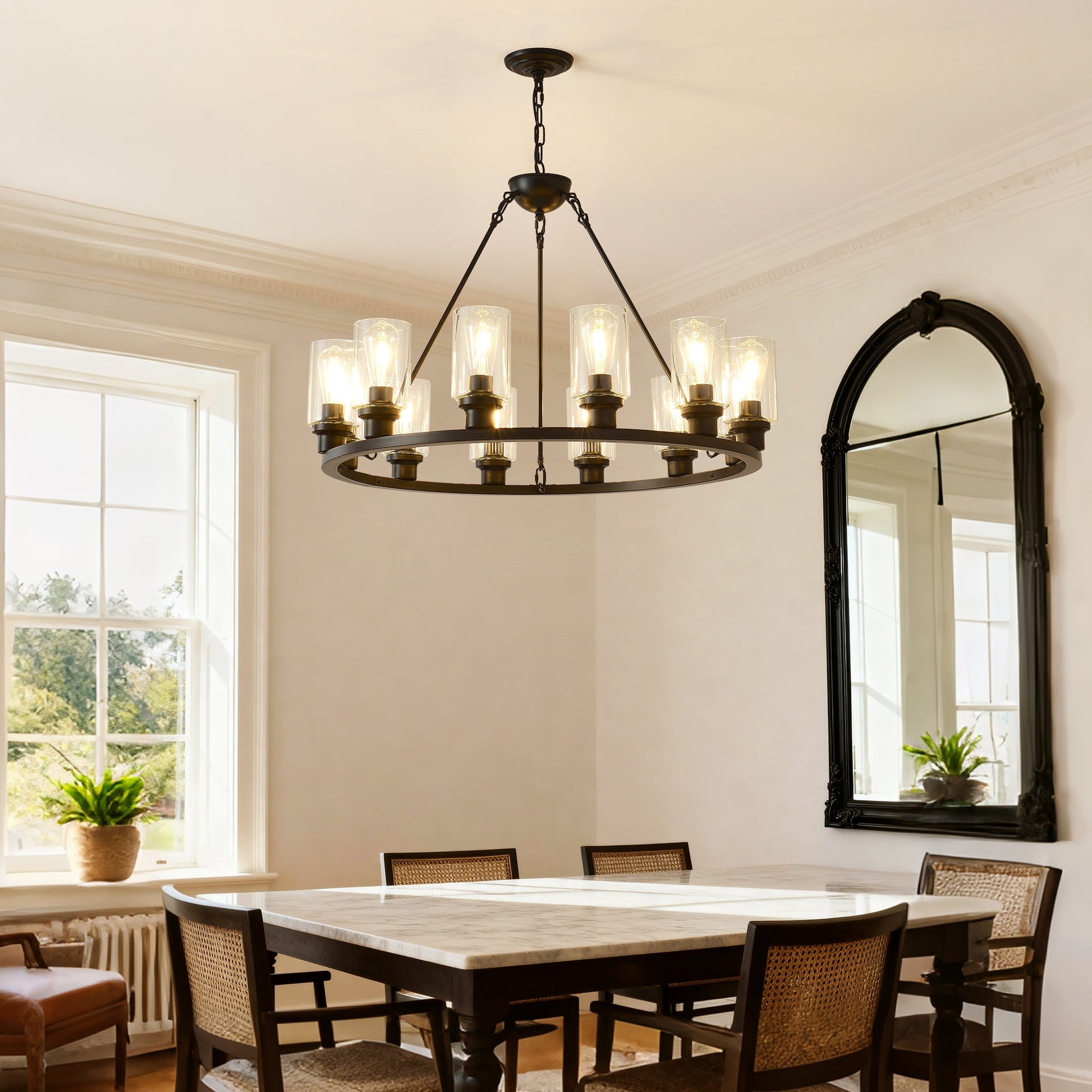 Black Wagon Wheel chandelier, 31.5 inch farmhouse pendant with glass shades on Tampa Home & Garden Store