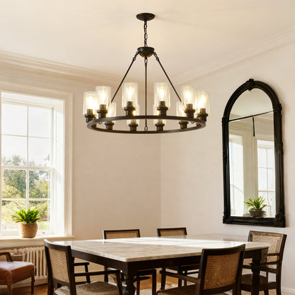 Black Wagon Wheel chandelier, 31.5 inch farmhouse pendant with glass shades on Tampa Home & Garden Store