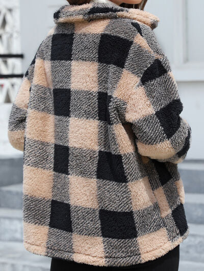 Women’s fuzzy plaid button-up jacket with drop-shoulder in beige and black, casual fit on Tampa Home & Garden Store