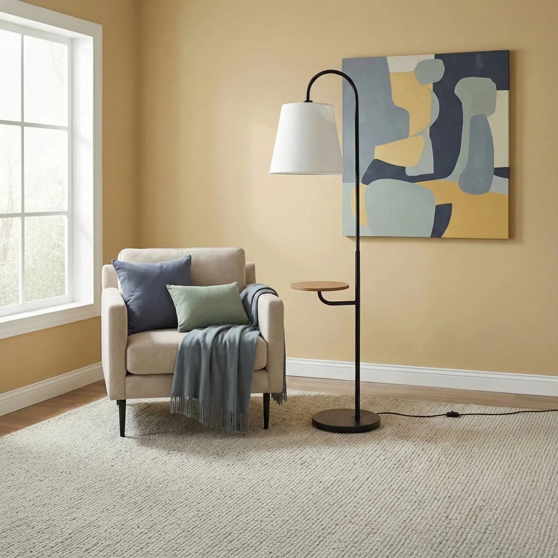 Seoul floor lamp with rotary switch, black curved stem, white shade, and a small wood table on Tampa Home & Garden Store