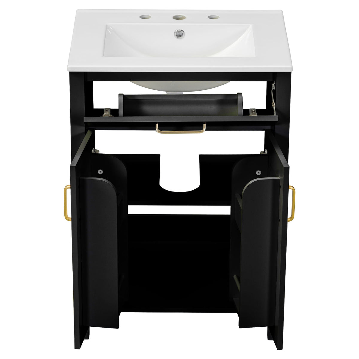 Modern Bathroom Vanity by HouseOfZazla with white sink, black frame and brass hardware on Tampa Home & Garden Store
