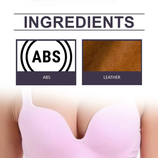 Anti sagging chest massager graphic with ABS and leather swatches and a model in a pink top on Tampa Home & Garden Store