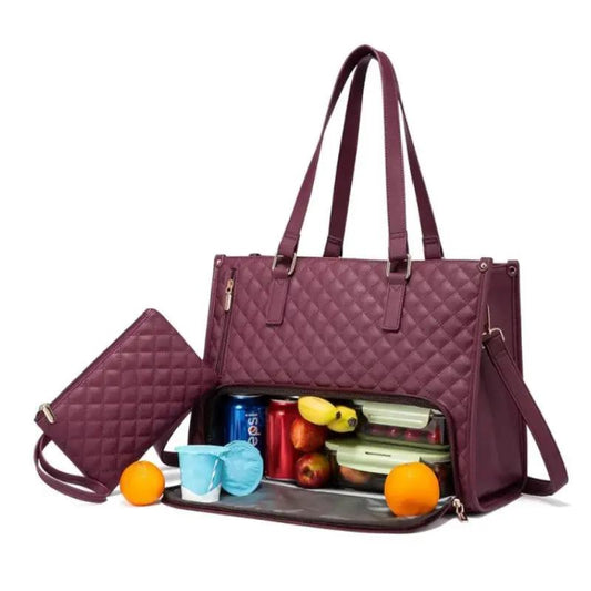 Travel Tote with Laptop and Insulated Lunch Bag in maroon quilted fabric; includes pouch on Tampa Home & Garden Store