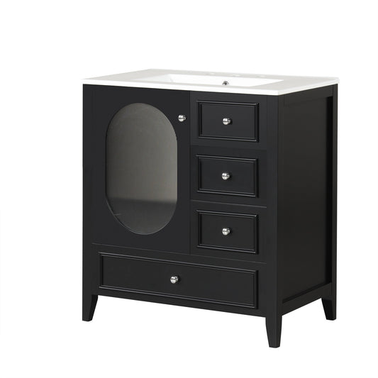 30" Bathroom Vanity with Sink, Bathroom Vanity Cabinet with Three Drawers and Door, Solid Wood and MDF, Black