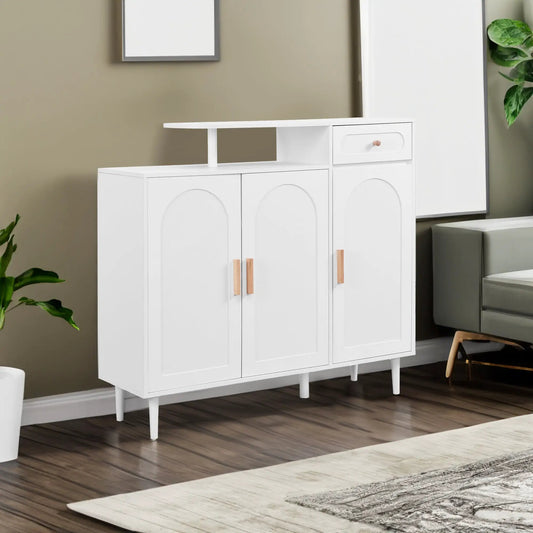 White shoe cabinet with arched panel doors, open top shelf and small drawer, raised legs on Tampa Home & Garden Store