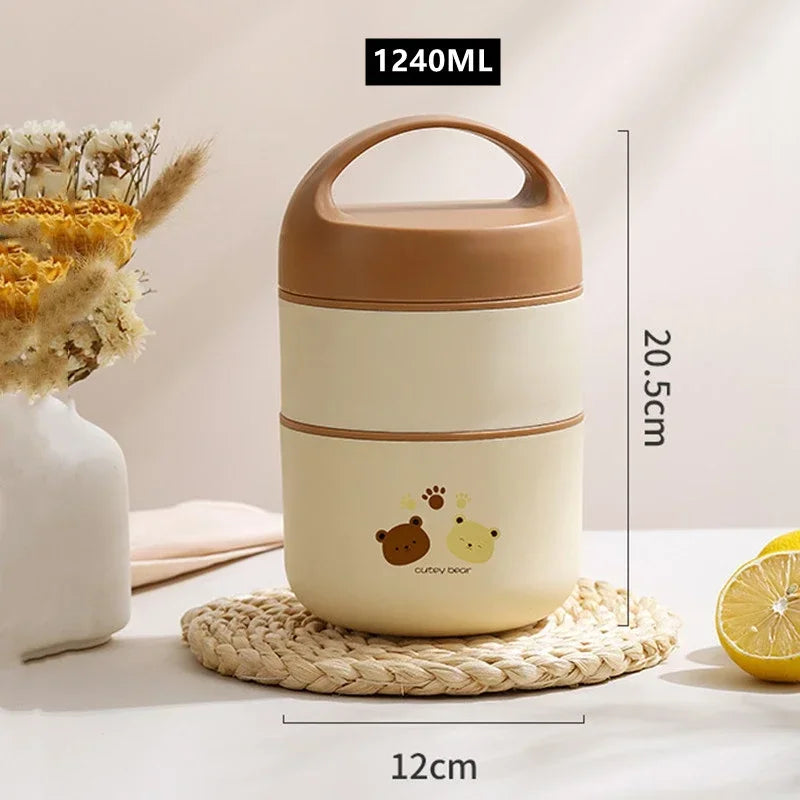 1240ML large-capacity stainless steel lunch box with brown lid and beige body, 2-layer leak-proof on Tampa Home & Garden Store