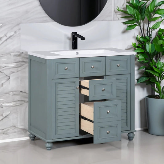 36-inch modern mirror cabinet with adjustable shelves in gray-blue finish, white countertop vanity on Tampa Home & Garden Store