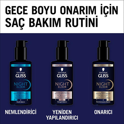 Schwarzkopf Gliss Night Elixir hair serum trio with blue, pink, gold labels on dark backdrop on Tampa Home & Garden Store