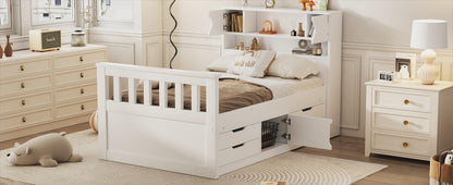 Twin Size Captain Platform Bed Frame with Storage Bookcases and Shelves,Four Drawers,White - Tampa Home & Garden Store