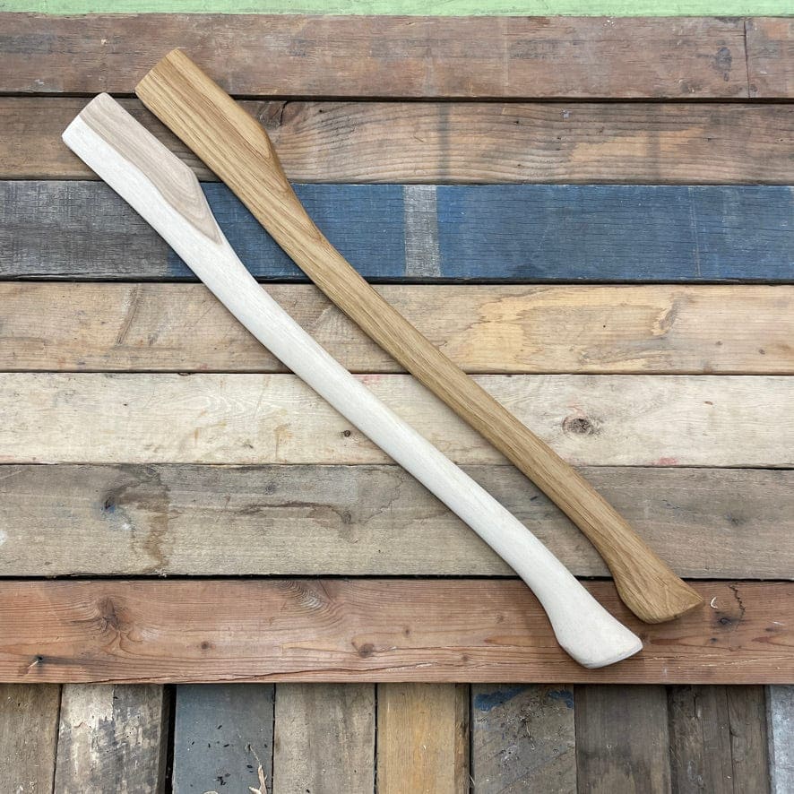 Whiskey River Premium Heritage 28NEC 28in axe handle pair, light and brown finishes on boards on Tampa Home & Garden Store