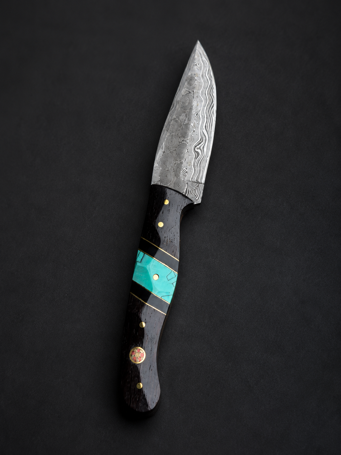 Titan Shadowstone Damascus Hunter TK-520 knife with damascus blade turquoise-inlaid wood handle on Tampa Home & Garden Store