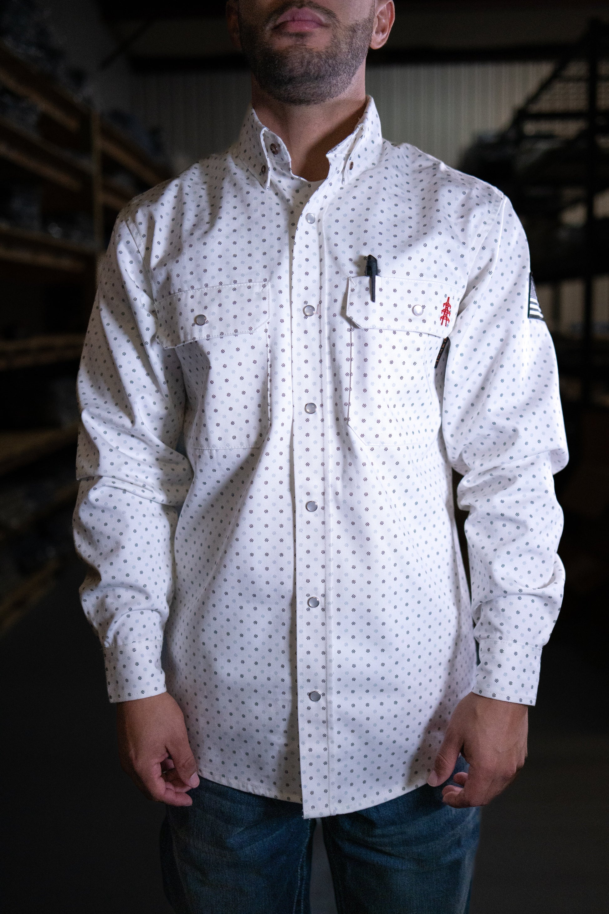 Static FR Pearl Snap Work Shirt Phantom White with U.S Flag, dotted shirt with chest pockets on Tampa Home & Garden Store