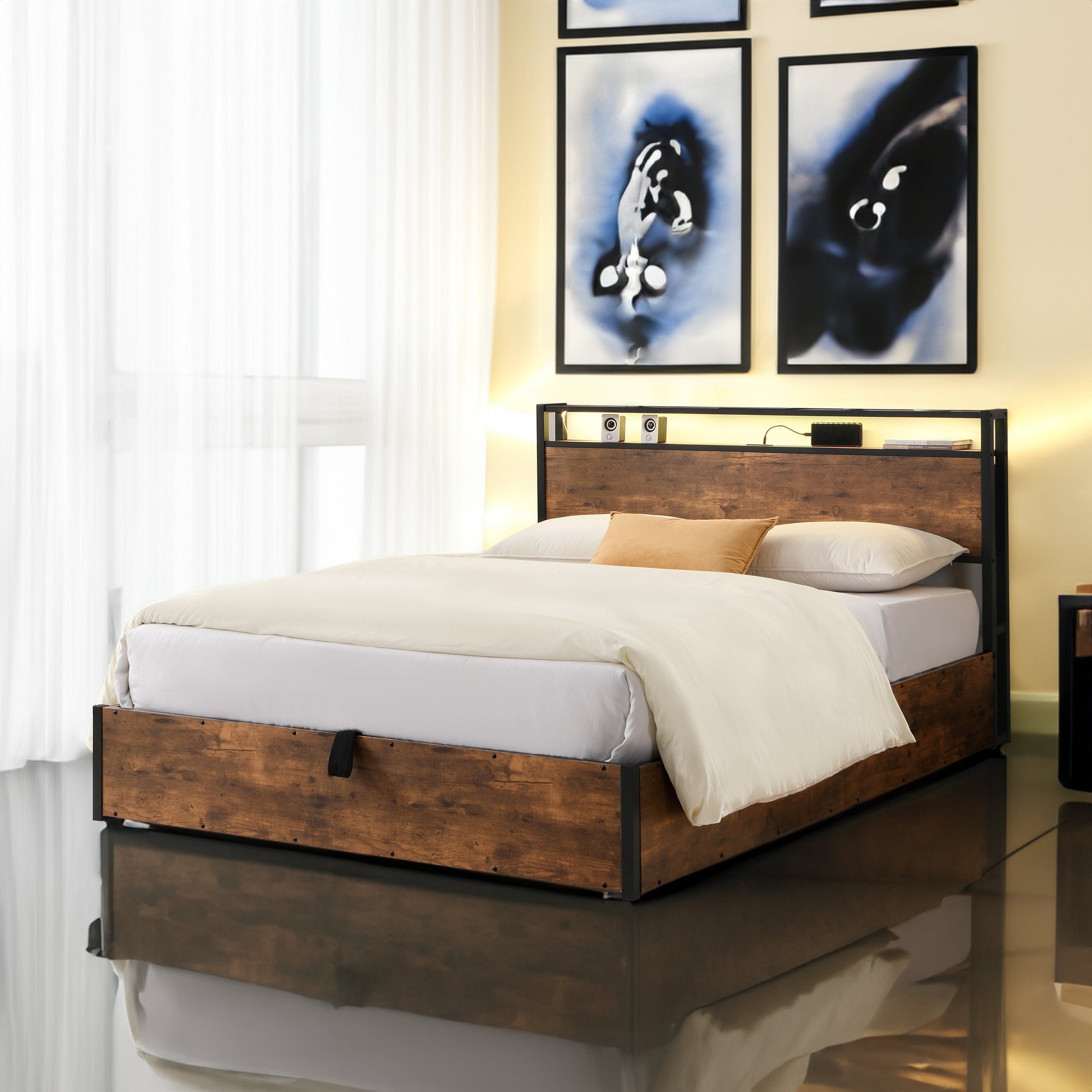 Elevating storage bed frame, full-size bed frame with bookshelf headboard and LED lights, with country brown color - Tampa Home & Garden Store