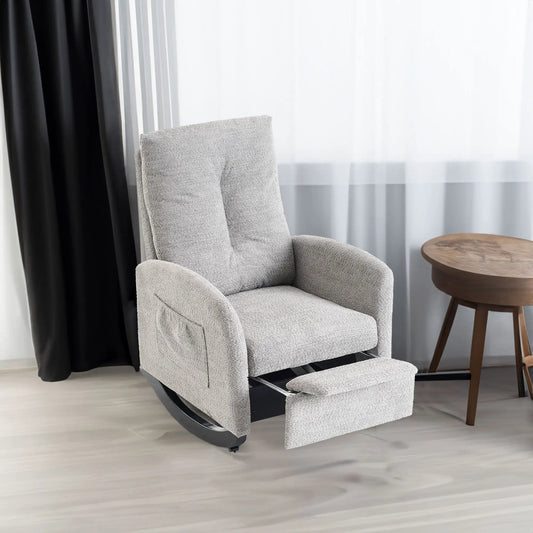 Accent rocking chair with footrest in gray upholstery, high back for nursery on Tampa Home & Garden Store