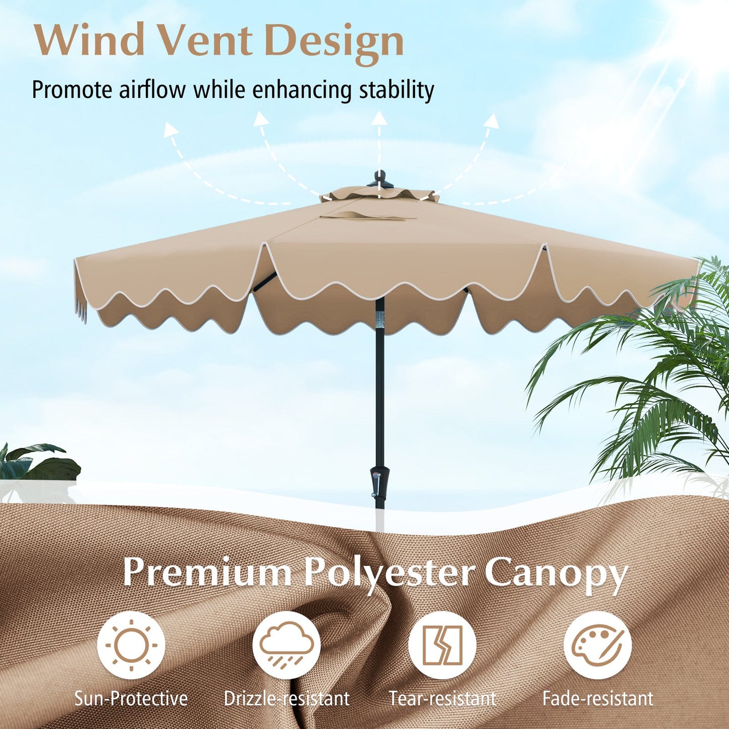 9 Feet Patio Umbrella with Crank Handle and Push Button Tilt-Brown