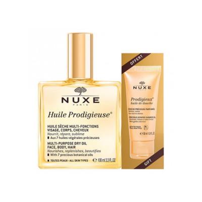 Nuxe Huile Prodigieuse dry oil bottle with gold cap and gift shower gel box in a 2-item set on Tampa Home & Garden Store