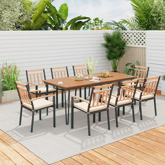 9-Piece Patio Dining Set 35.5 Inch Acacia Wood Table with Umbrella Hole and 24-Inch Wide Chairs - Tampa Home & Garden Store