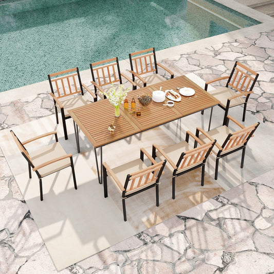 9-Piece Patio Dining Set 35.5 Inch Acacia Wood Table with Umbrella Hole and 24-Inch Wide Chairs - Tampa Home & Garden Store