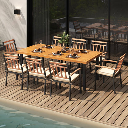 Juego de comedor para patio de 9 piezas con mesa de madera de acacia de 39.5 pulgadas con agujero para sombrilla y sillas de 24 pulgadas de ancho